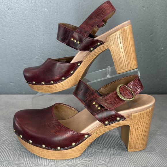 Dansko Burgundy Leather Mules with Wooden Heel - Picture 1 of 13